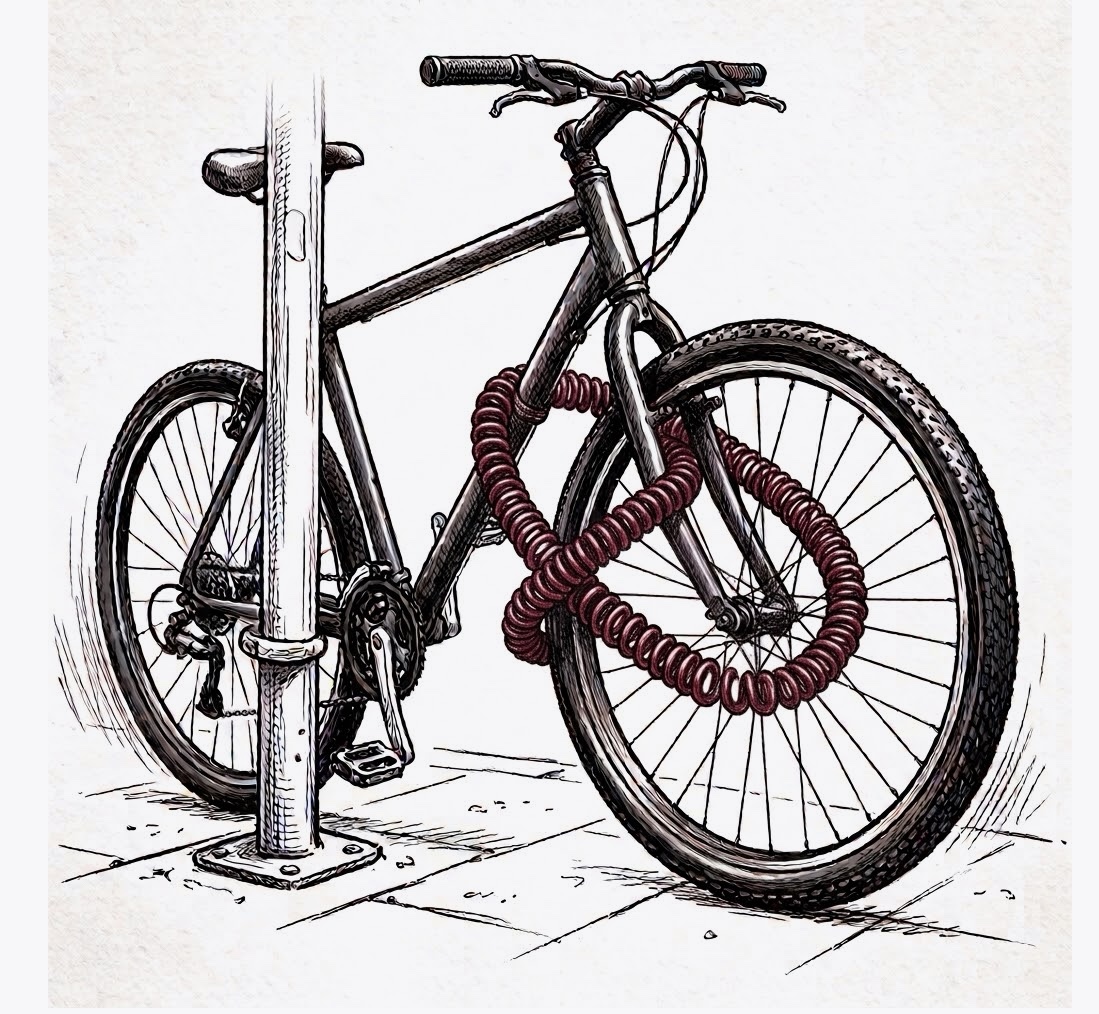 Illustration: a bike at a post with a coiled cable lock looped only through its front wheel.