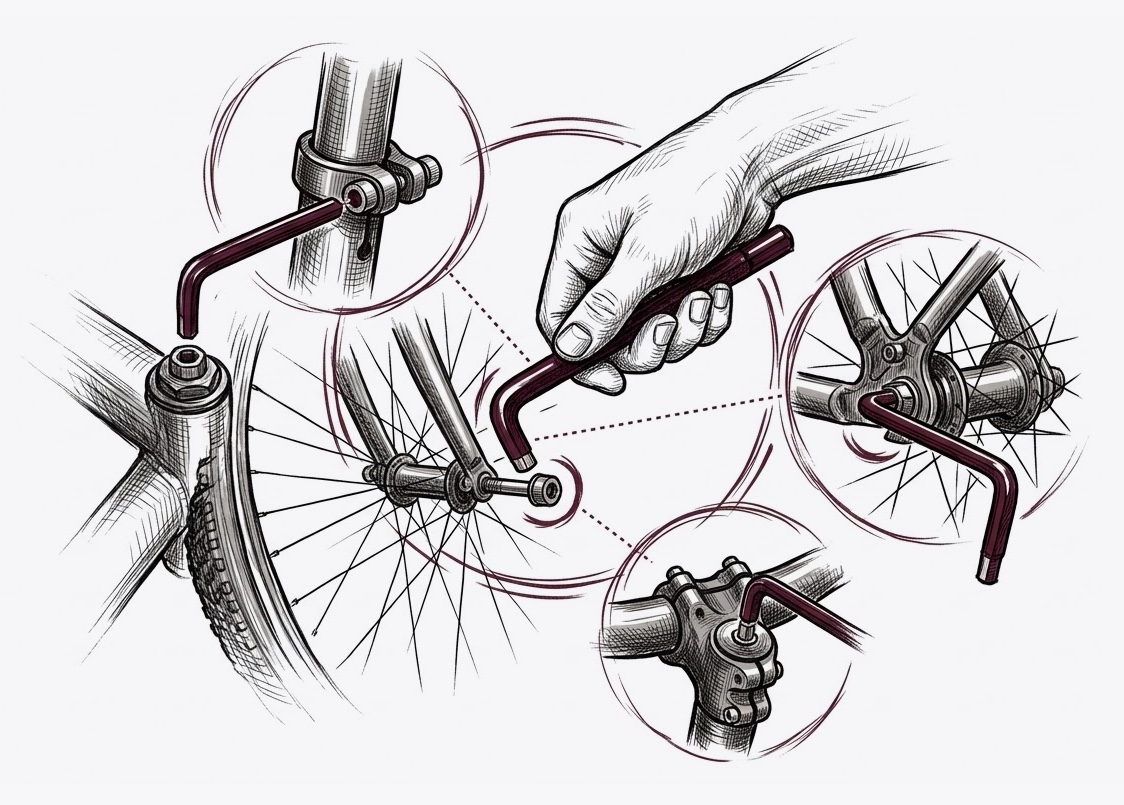 Illustration: one hex key shown fitting the bolts on a seat clamp, a front axle, a rear axle and a stem.