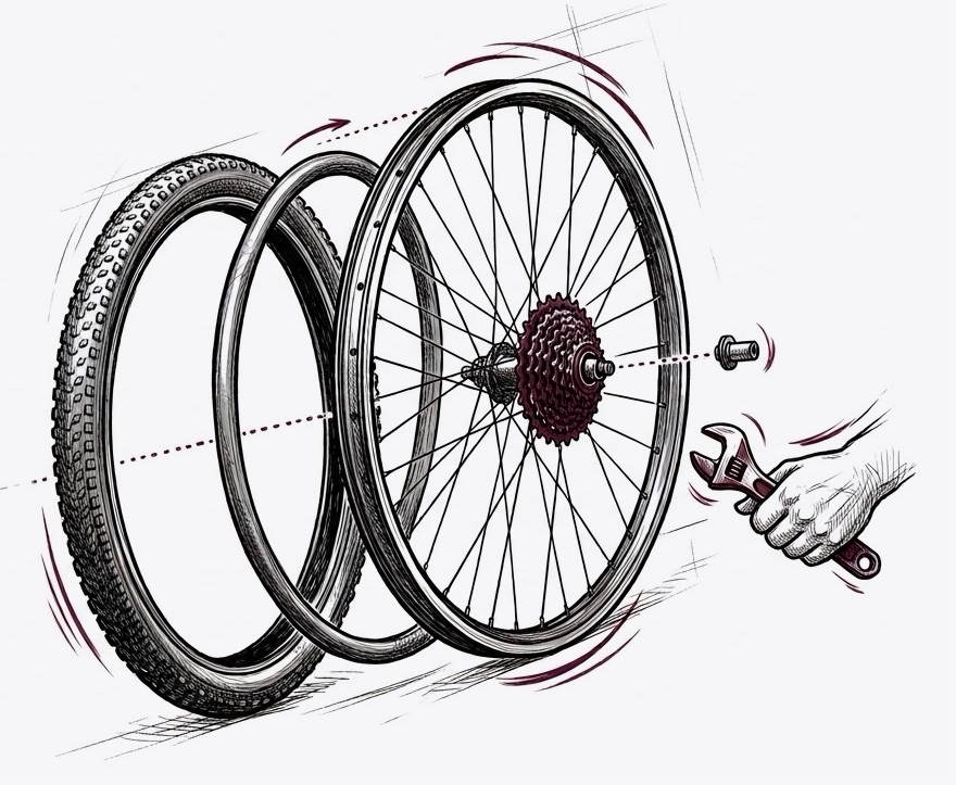 Illustration: a rear wheel exploded into tyre, inner tube, rim and cassette as a hand undoes the axle nut with a spanner.