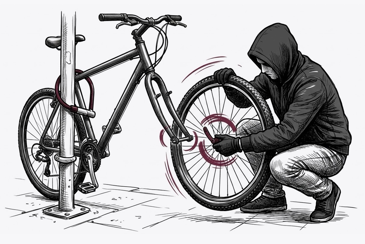 Illustration: a hooded thief crouches beside a bike locked to a post and pulls the front wheel off with a hand tool.